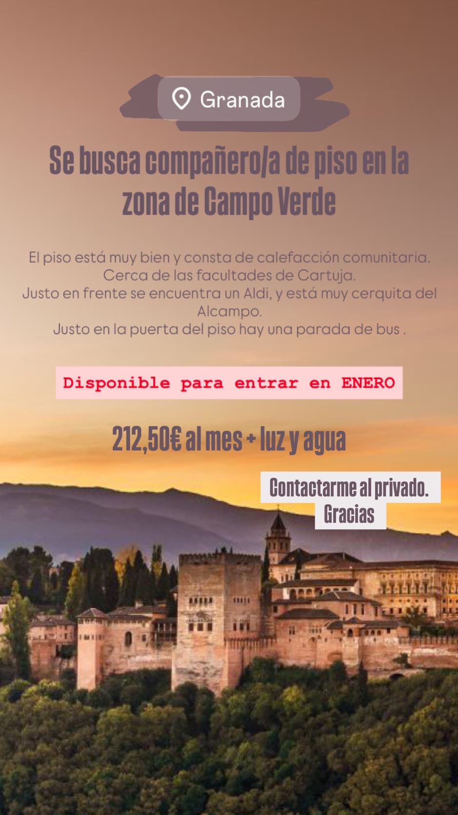 SE BUSCA COMPAÑERO/A DE PISO PARA ENTRAR EN ENERO EN GRANADA